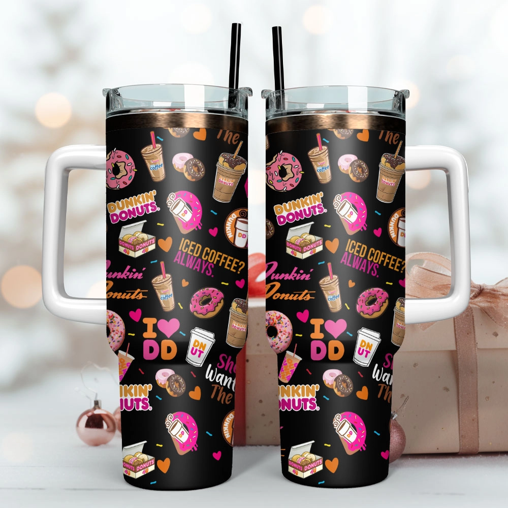 Dunkin Donuts Iced Coffee Custom Quencher 30oz or 40oz Stainless Steel Tumbler With Handle, Best gifts for Friend Family NVA