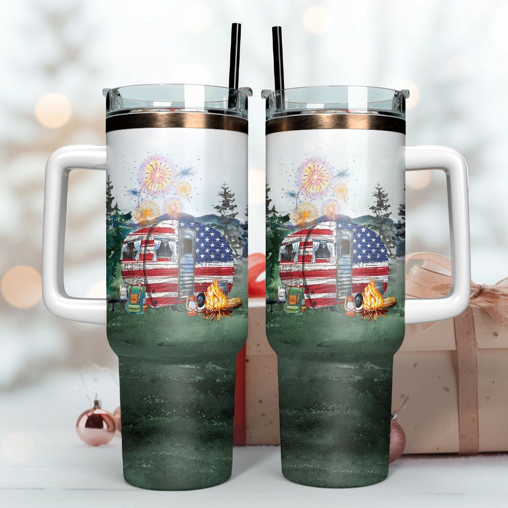 USA Trailer Watercolor Custom Quencher 30oz or 40oz Stainless Steel Tumbler With Handle, Best gist for Friend Family NVA