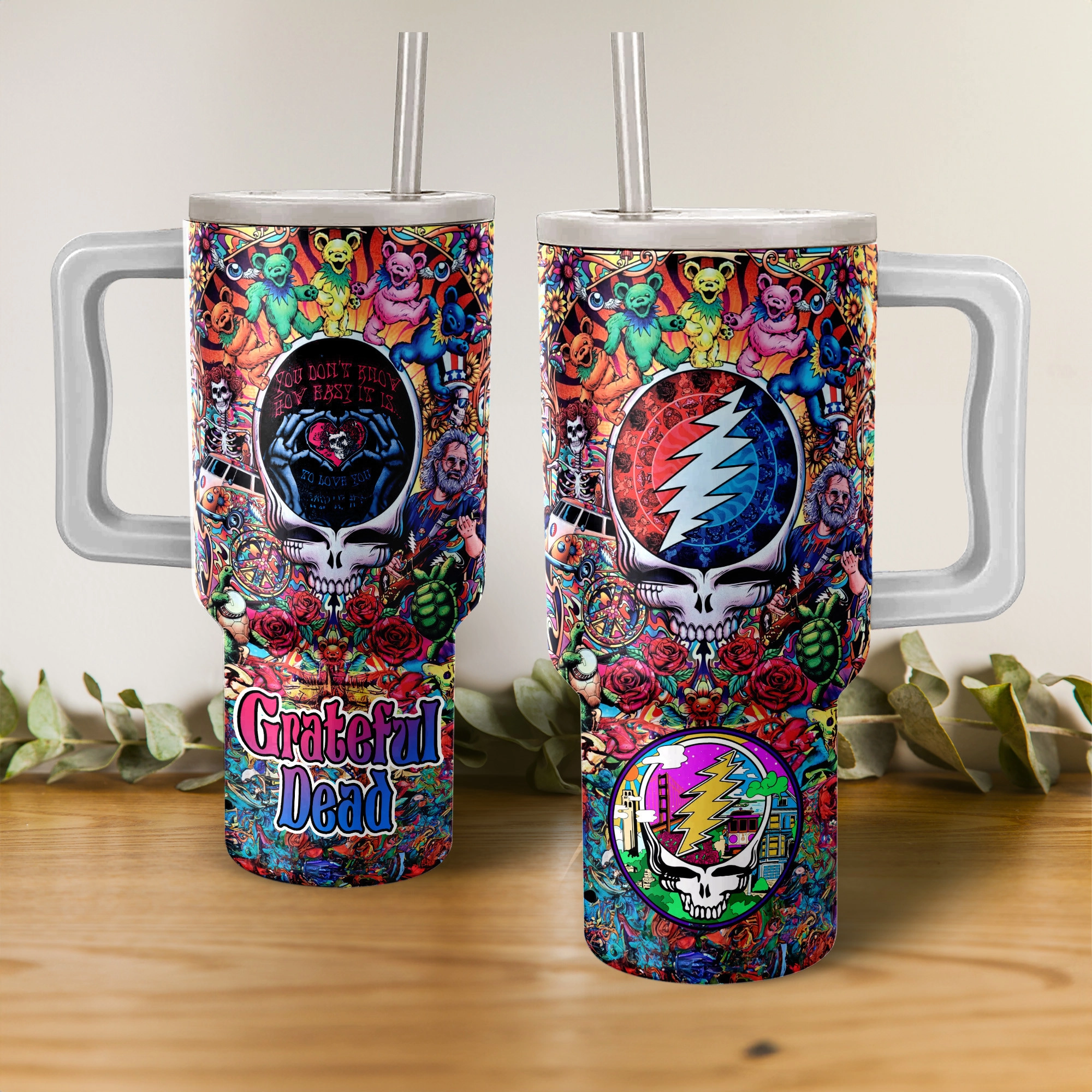 Grateful Dead Band Music Custom Stanley Quencher 40oz Stainless Steel Tumbler HG With Handle