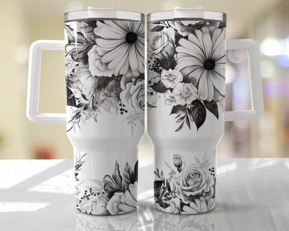 30oz or 40oz Tumbler HG Black and White  Floral Seamless