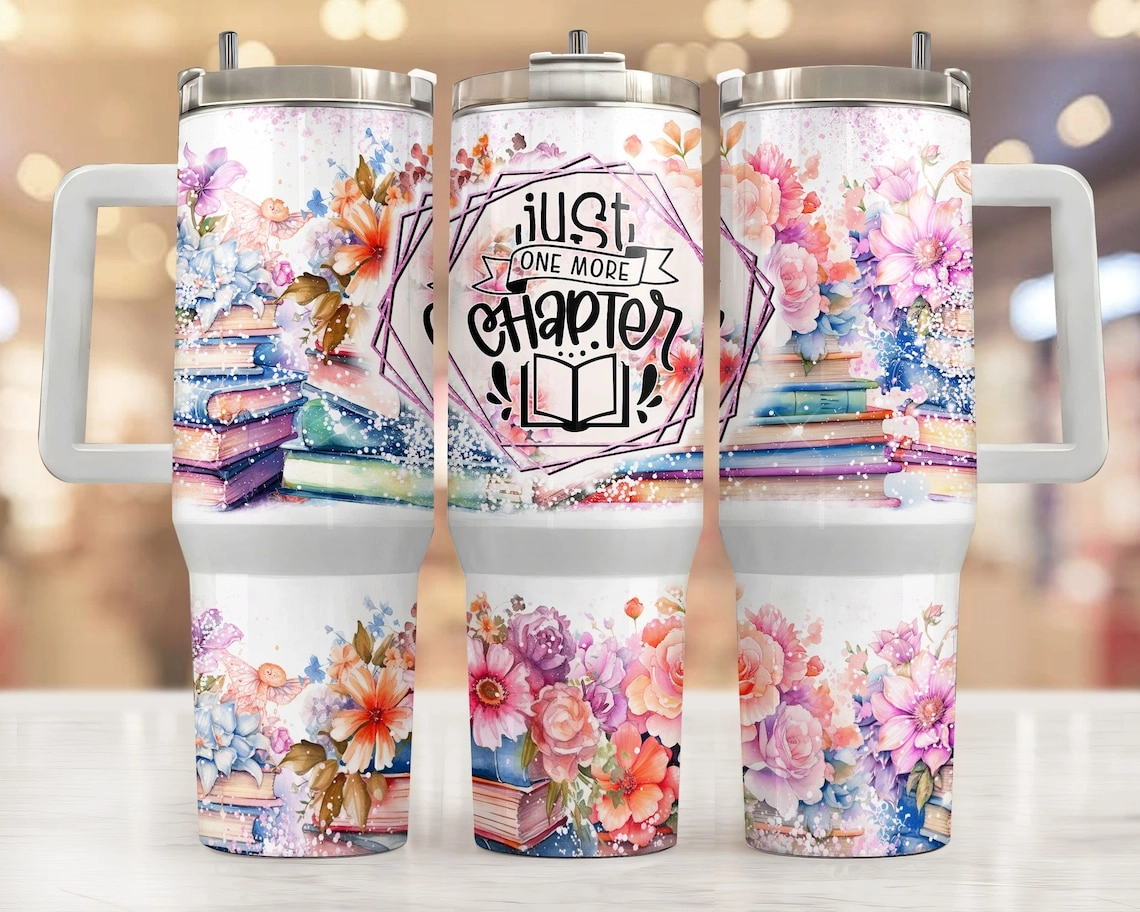 Book Tumbler Floral One More Chapter 30oz or 40oz Tumbler Quencher Tumbler Gift For Her Him Birthday Gift LN
