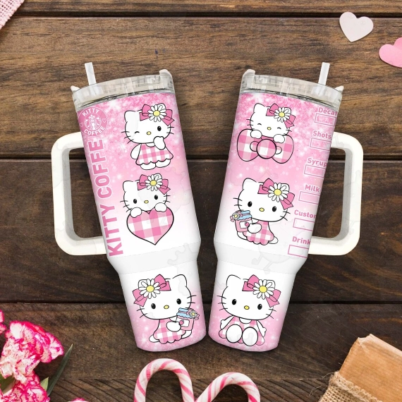 Kitty Coffee Pink Cat 30oz or 40oz Tumbler with Handle, Gift for Hello Kitty Fan, Birthday Anniversary Tumbler Gift HFN