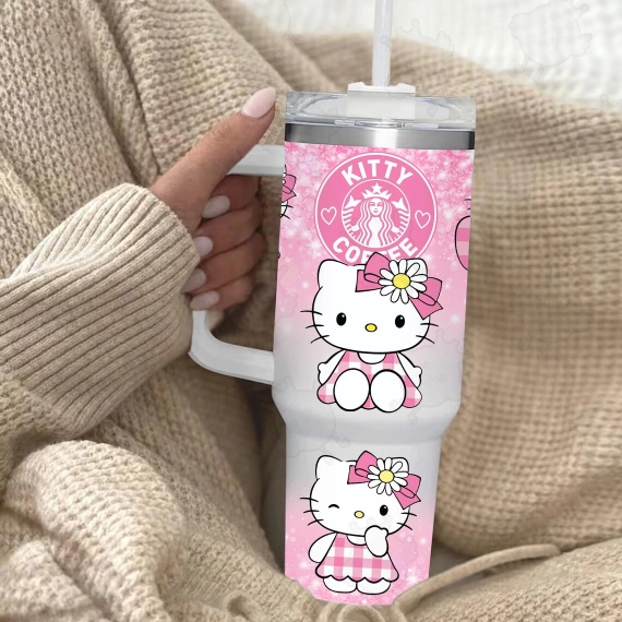 Kitty Coffee Pink Cat 30oz or 40oz Tumbler with Handle, Gift for Hello Kitty Fan, Birthday Anniversary Tumbler Gift HFN