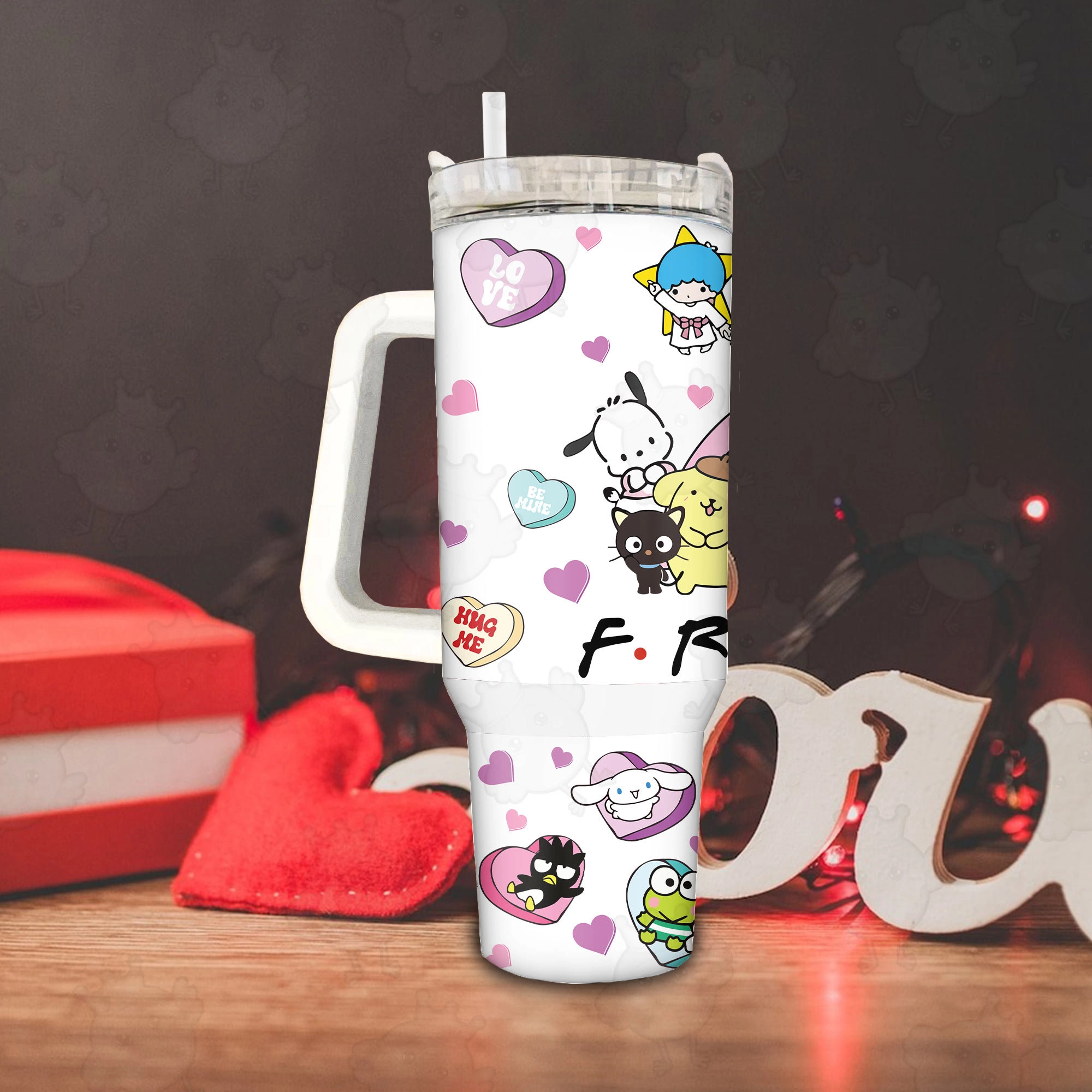 Hug Me Friends Hello Kitty Cats Valentine 30oz or 40oz Quencher Tumbler, Valentine Cartoon 40oz Tumbler, Pink Cat Tumbler, Valentine Movies Gift Tumbler HFN