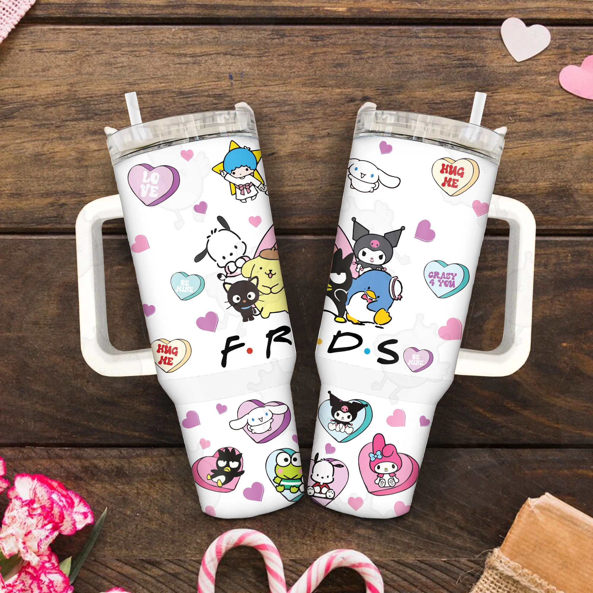 Hug Me Friends Hello Kitty Cats Valentine 30oz or 40oz Quencher Tumbler, Valentine Cartoon 40oz Tumbler, Pink Cat Tumbler, Valentine Movies Gift Tumbler HFN
