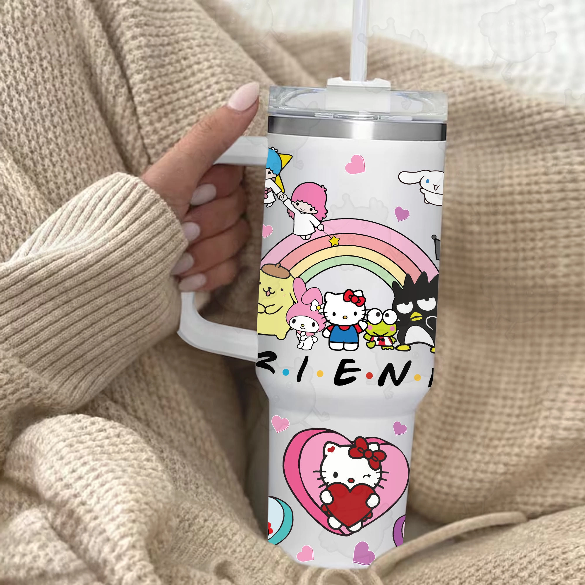 Hug Me Friends Hello Kitty Cats Valentine 30oz or 40oz Quencher Tumbler, Valentine Cartoon 40oz Tumbler, Pink Cat Tumbler, Valentine Movies Gift Tumbler HFN