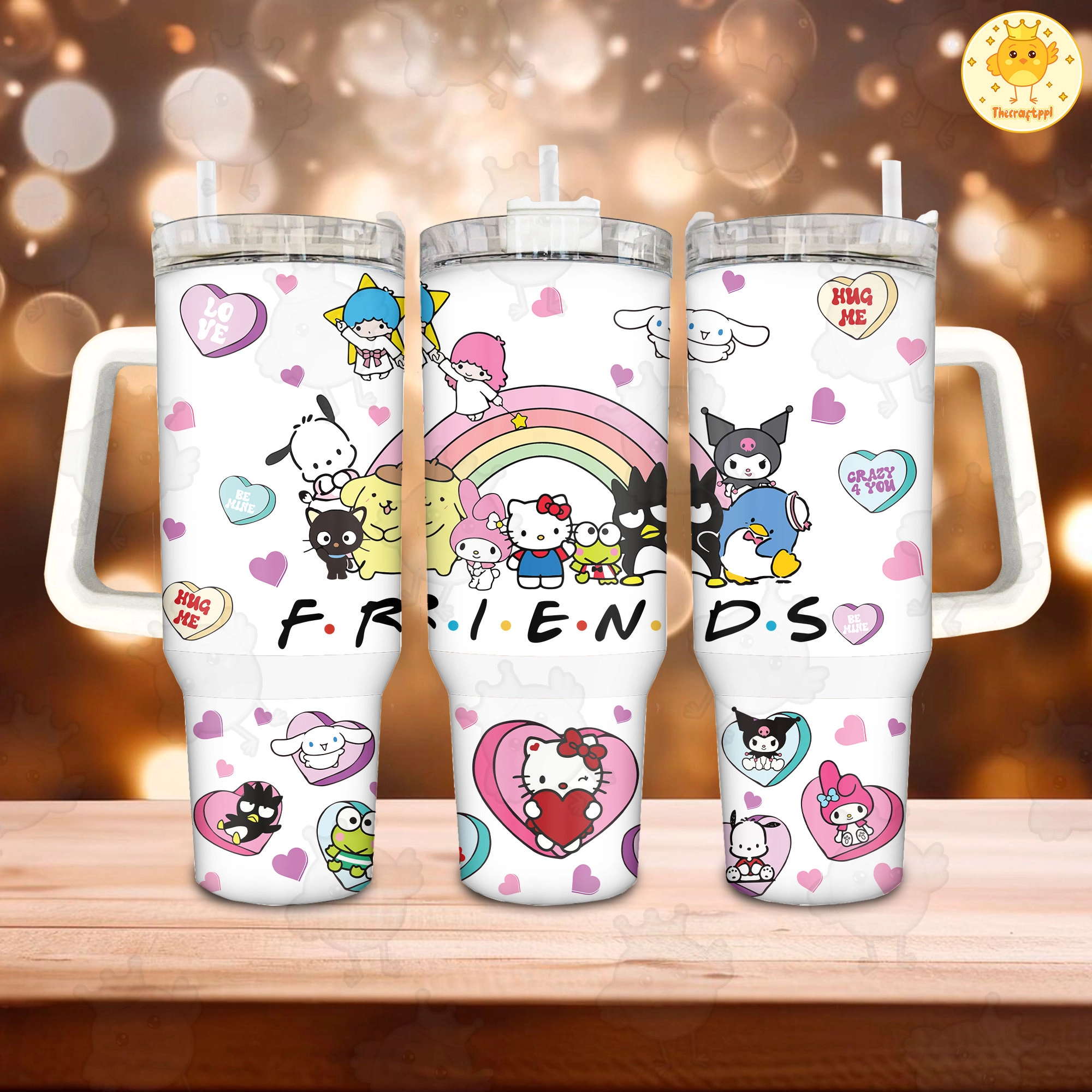Hug Me Friends Hello Kitty Cats Valentine 30oz or 40oz Quencher Tumbler, Valentine Cartoon 40oz Tumbler, Pink Cat Tumbler, Valentine Movies Gift Tumbler HFN