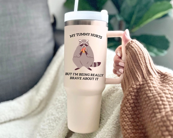 Funny raccoon tumbler, raccoon meme gift, my tummy hurts merch, 30oz or 40oz travel mug for him, viral raccoon gift for her, Coffee tumbler HFN