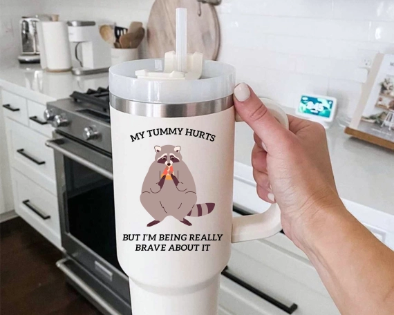 Funny raccoon tumbler, raccoon meme gift, my tummy hurts merch, 30oz or 40oz travel mug for him, viral raccoon gift for her, Coffee tumbler HFN