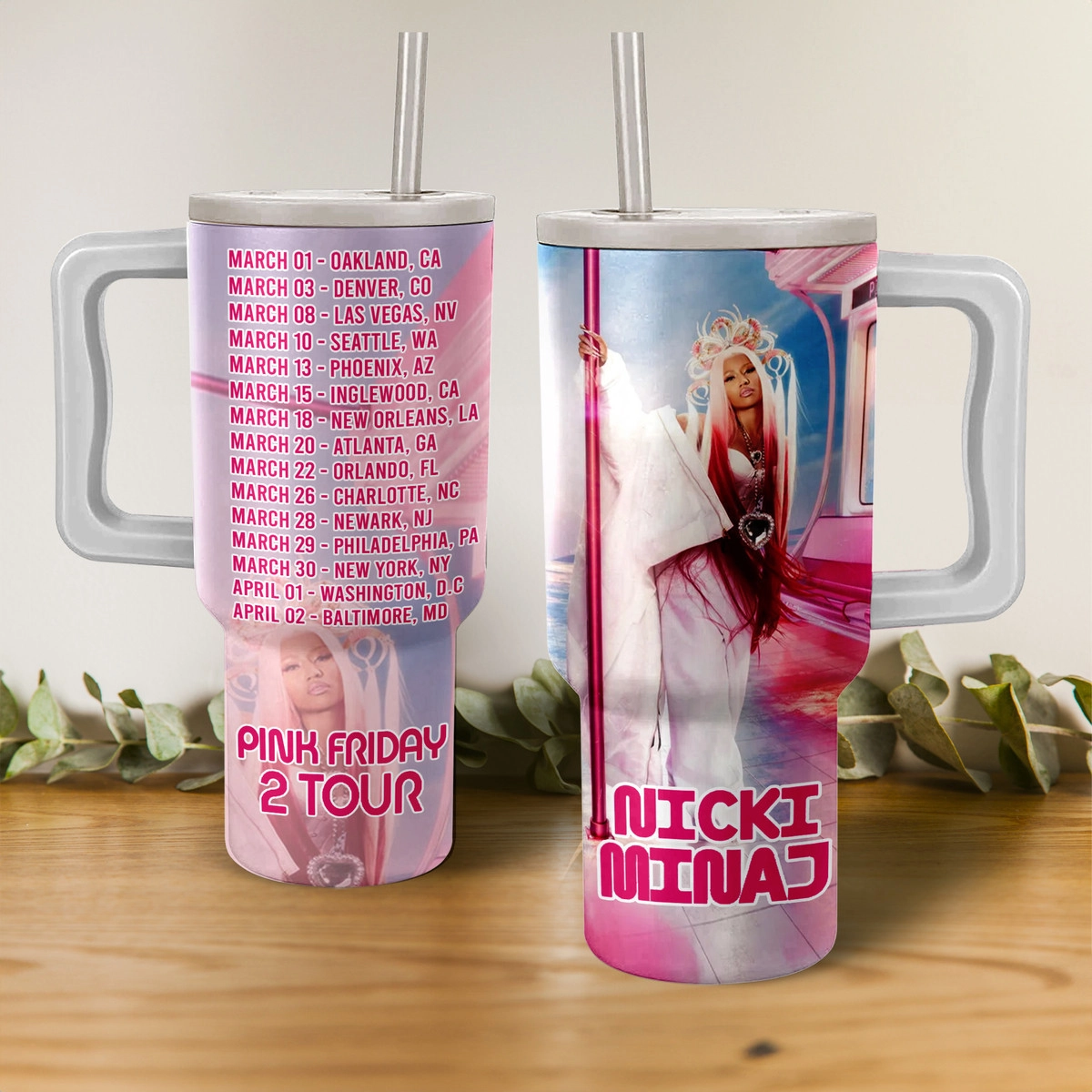 Nicki Minaj Pink Friday 2 Tour Music Custom Stanley Quencher 40oz Stainless Steel Tumbler HG With Handle