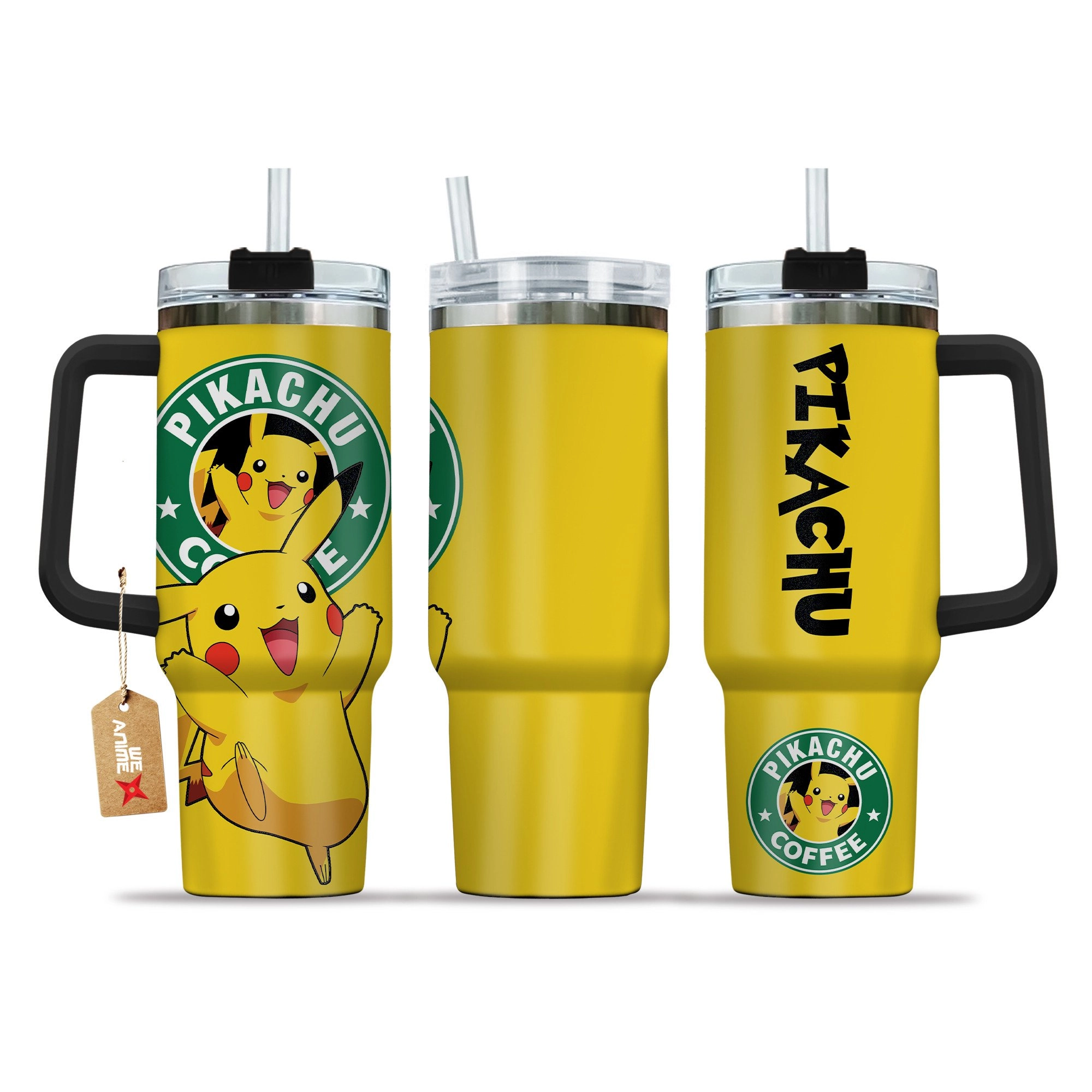 Pikachu Coffee Pokemon Anime Custom 30oz or 40oz Quencher Stainless Steel Tumbler With Handle, Best Gift Idea NVA