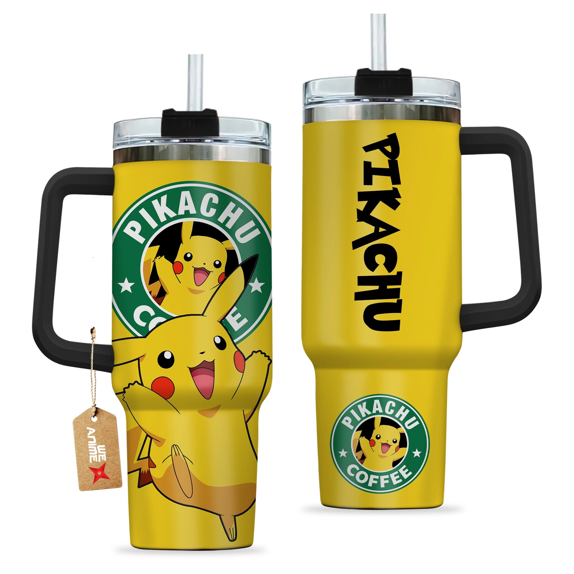 Pikachu Coffee Pokemon Anime Custom 30oz or 40oz Quencher Stainless Steel Tumbler With Handle, Best Gift Idea NVA