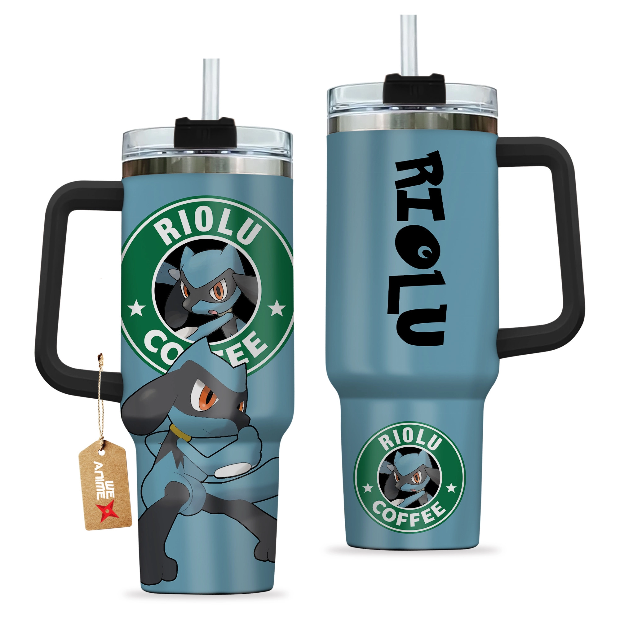 Riolu Coffee Pokemon Anime Custom 30oz or 40oz Quencher Stainless Steel Tumbler With Handle, Best Gift Idea NVA