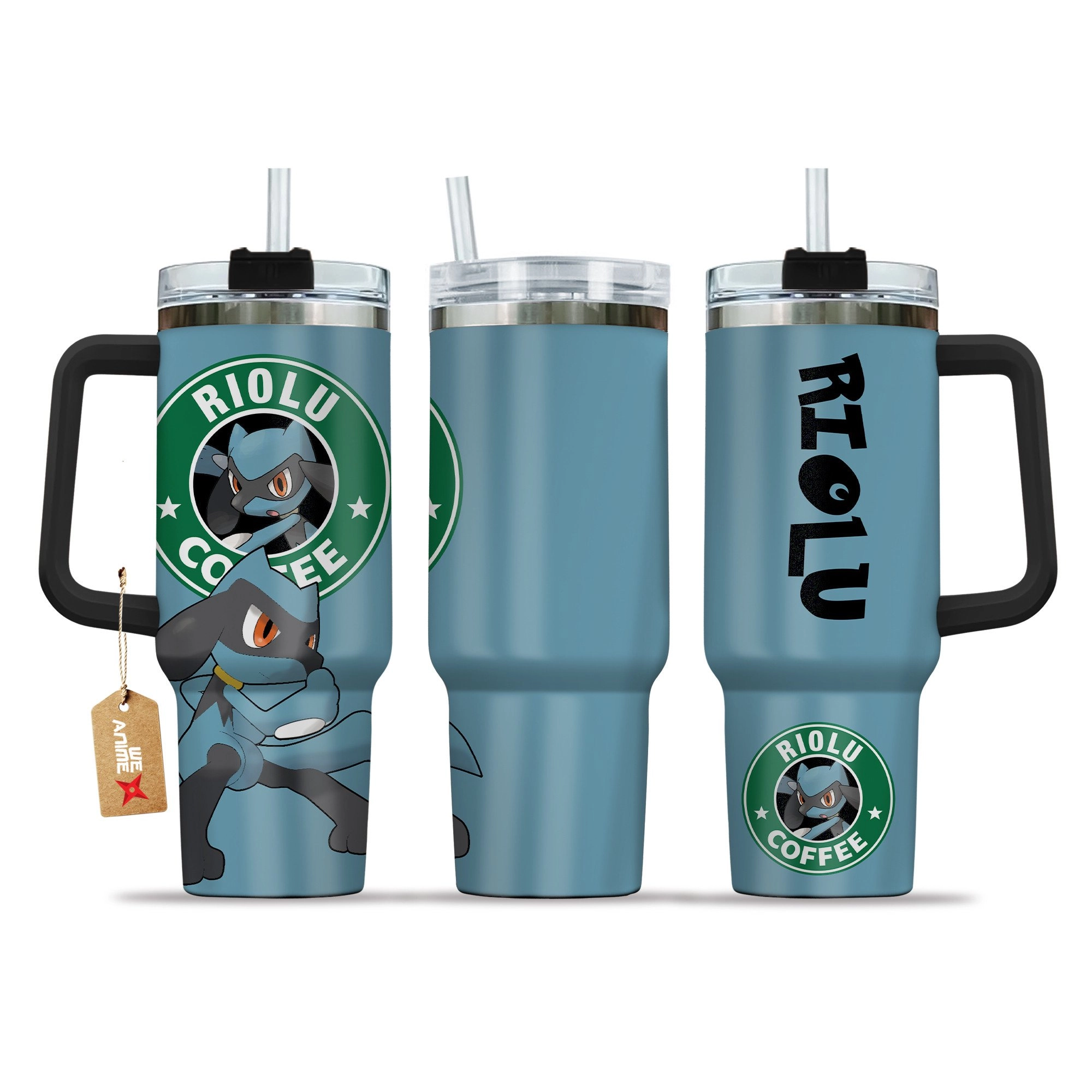 Riolu Coffee Pokemon Anime Custom 30oz or 40oz Quencher Stainless Steel Tumbler With Handle, Best Gift Idea NVA