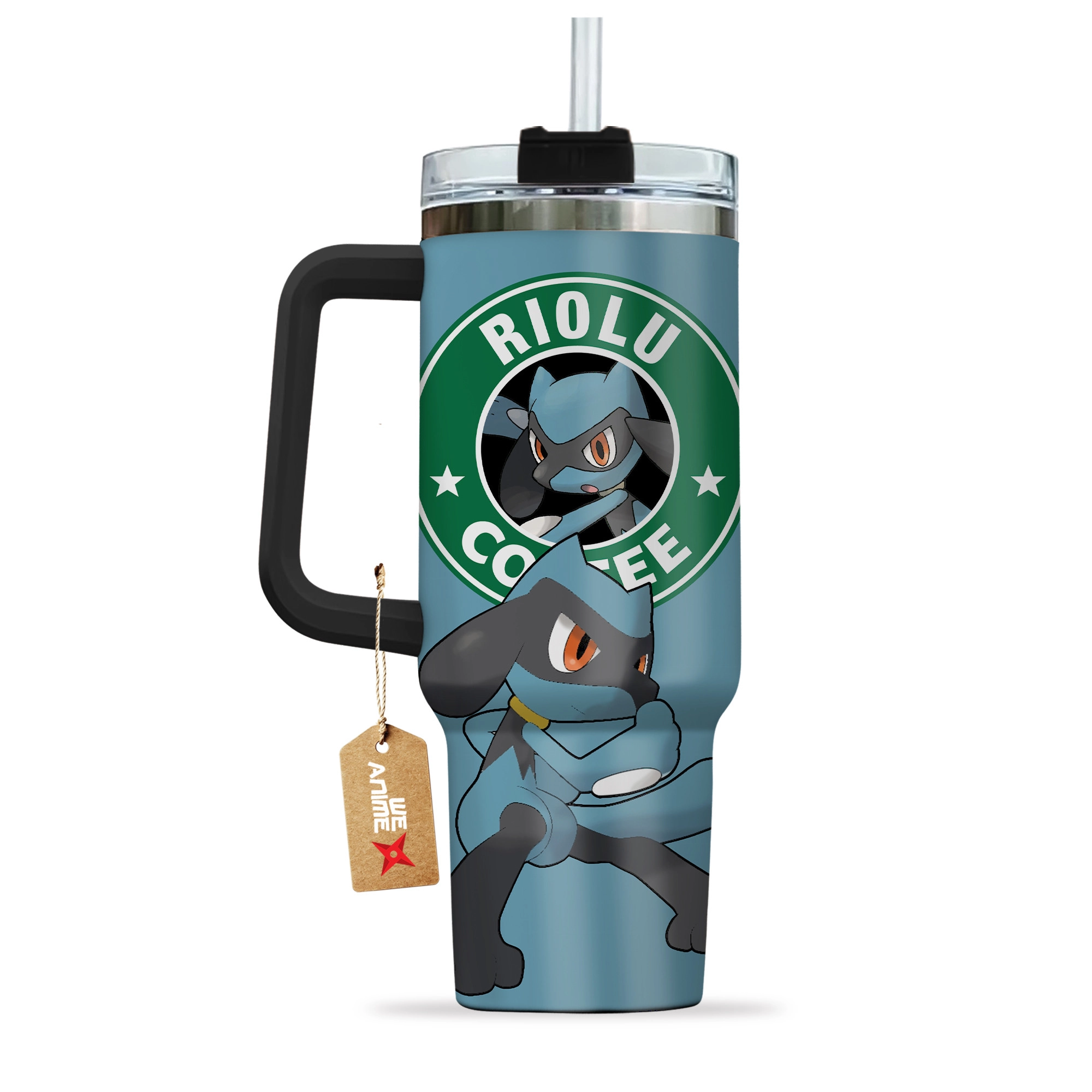 Riolu Coffee Pokemon Anime Custom 30oz or 40oz Quencher Stainless Steel Tumbler With Handle, Best Gift Idea NVA
