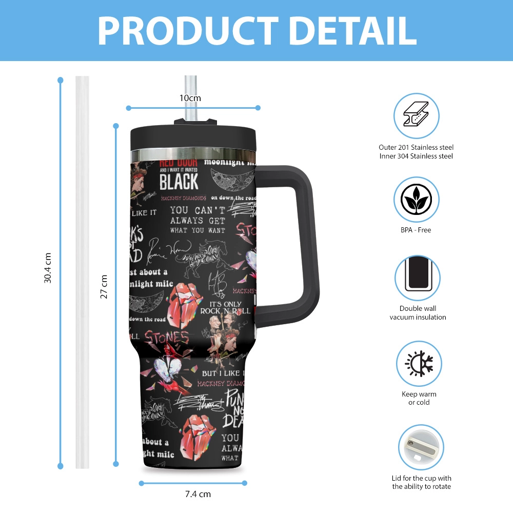 The Rolling Stones Music Custom Quencher 30oz or 40oz Stainless Steel Tumbler HG With Handle