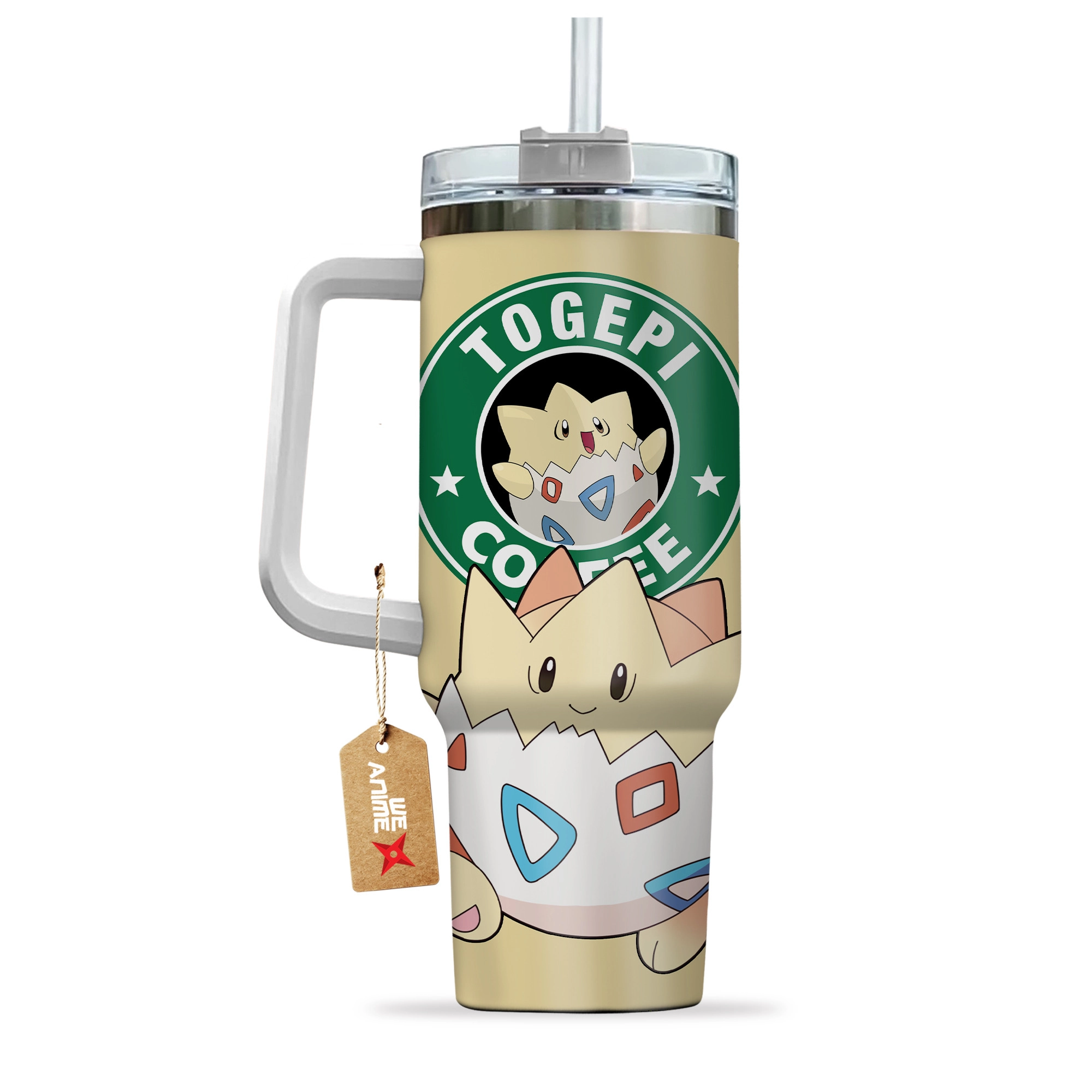 Togepi Coffee Pokemon Anime Custom 30oz or 40oz Quencher Stainless Steel Tumbler With Handle, Best Gift Idea NVA