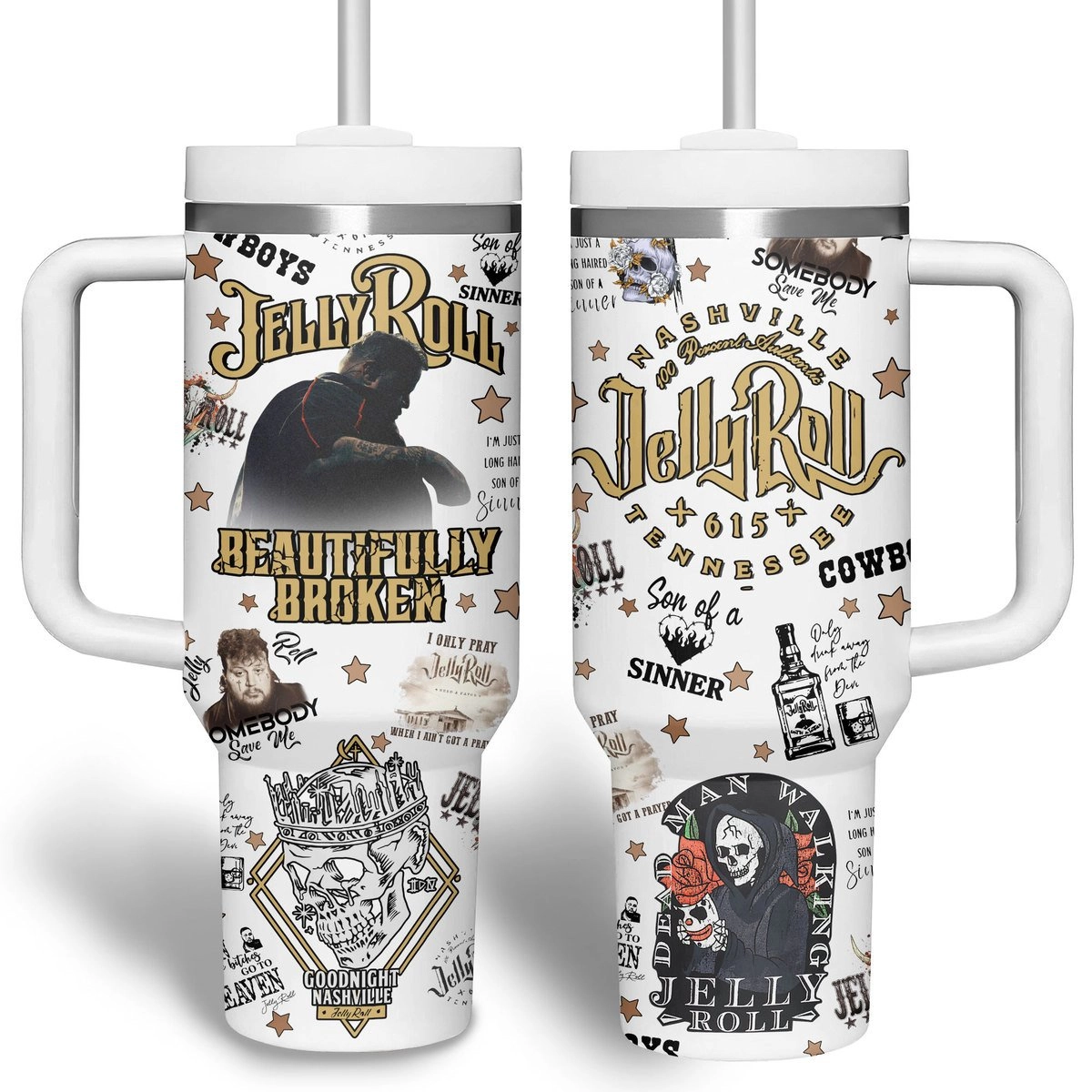 Jelly Roll Music Custom Stanley Quencher 30oz or 40oz Stainless Steel Tumbler With Handle HG
