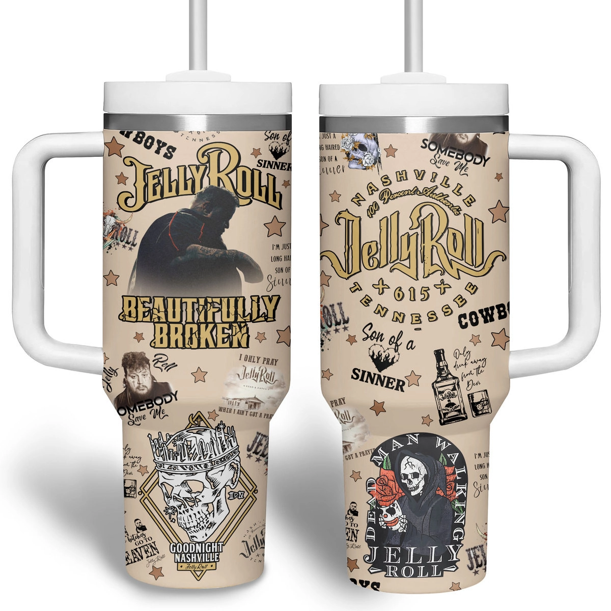 Jelly Roll Music Custom Stanley Quencher 30oz or 40oz Stainless Steel Tumbler With Handle HG